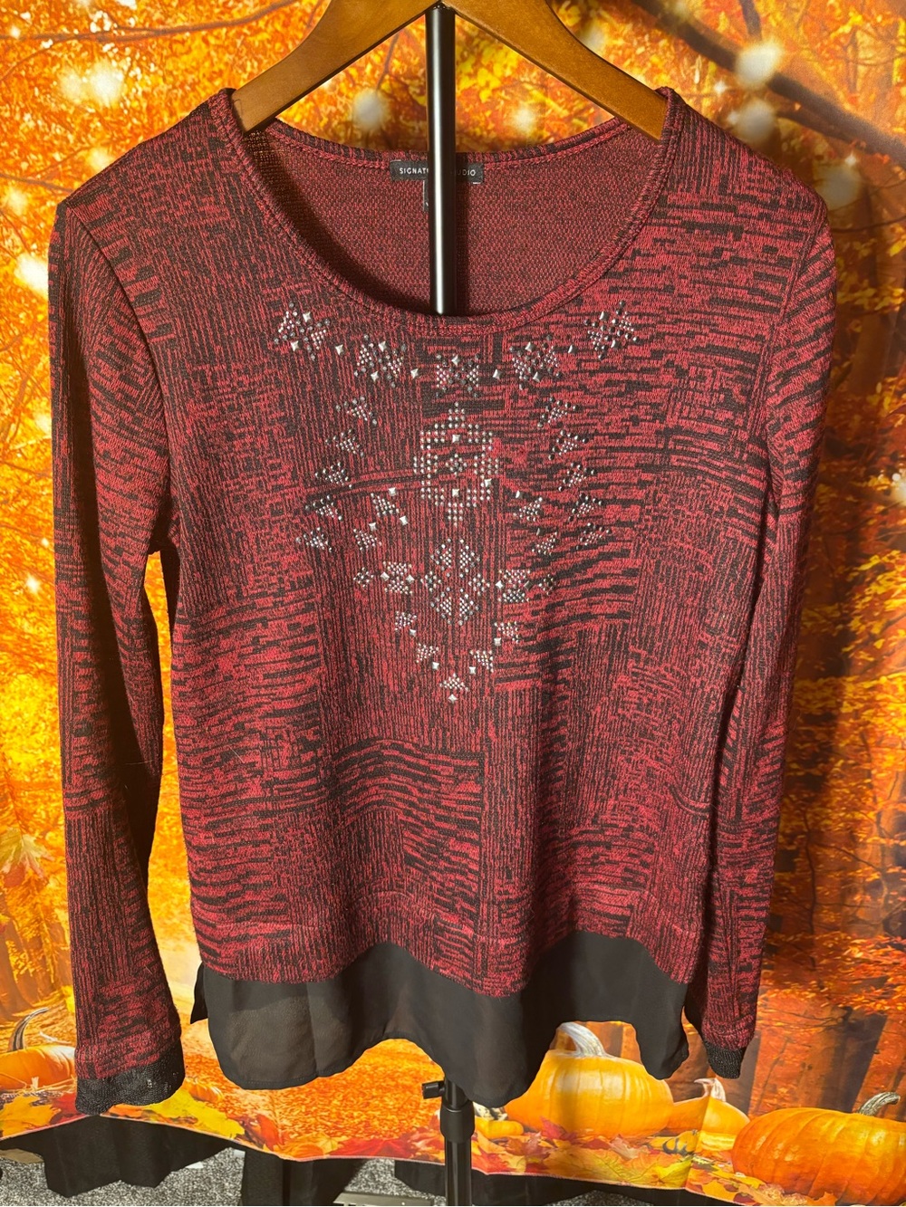 Signature Studio Red and Black Long-Sleeve Knit Top with Studded Front